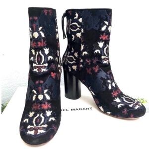 Isabel Marant Guya Black Velvet Floral Pattern Ankle Boots Multicolor Size 37